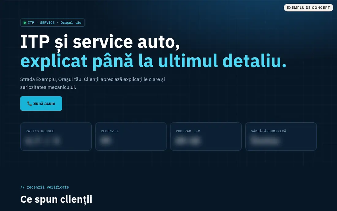 Exemplu de concept: site pentru un ITP și service auto, afișat pe laptop