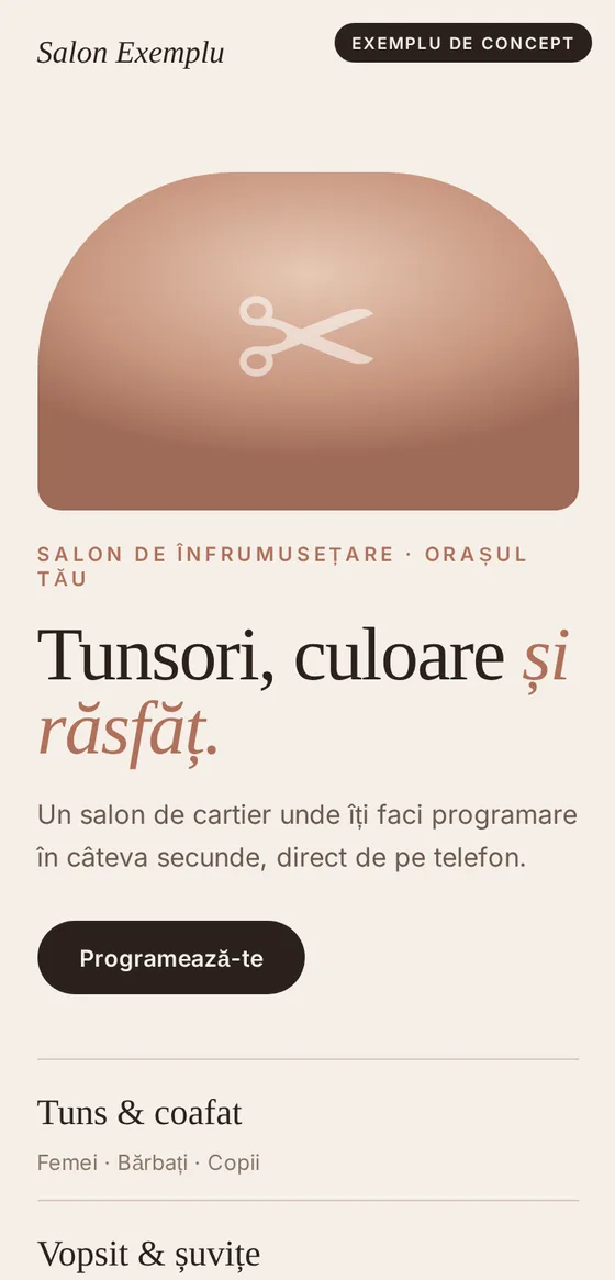 Concept example: the same salon website, shown on a phone